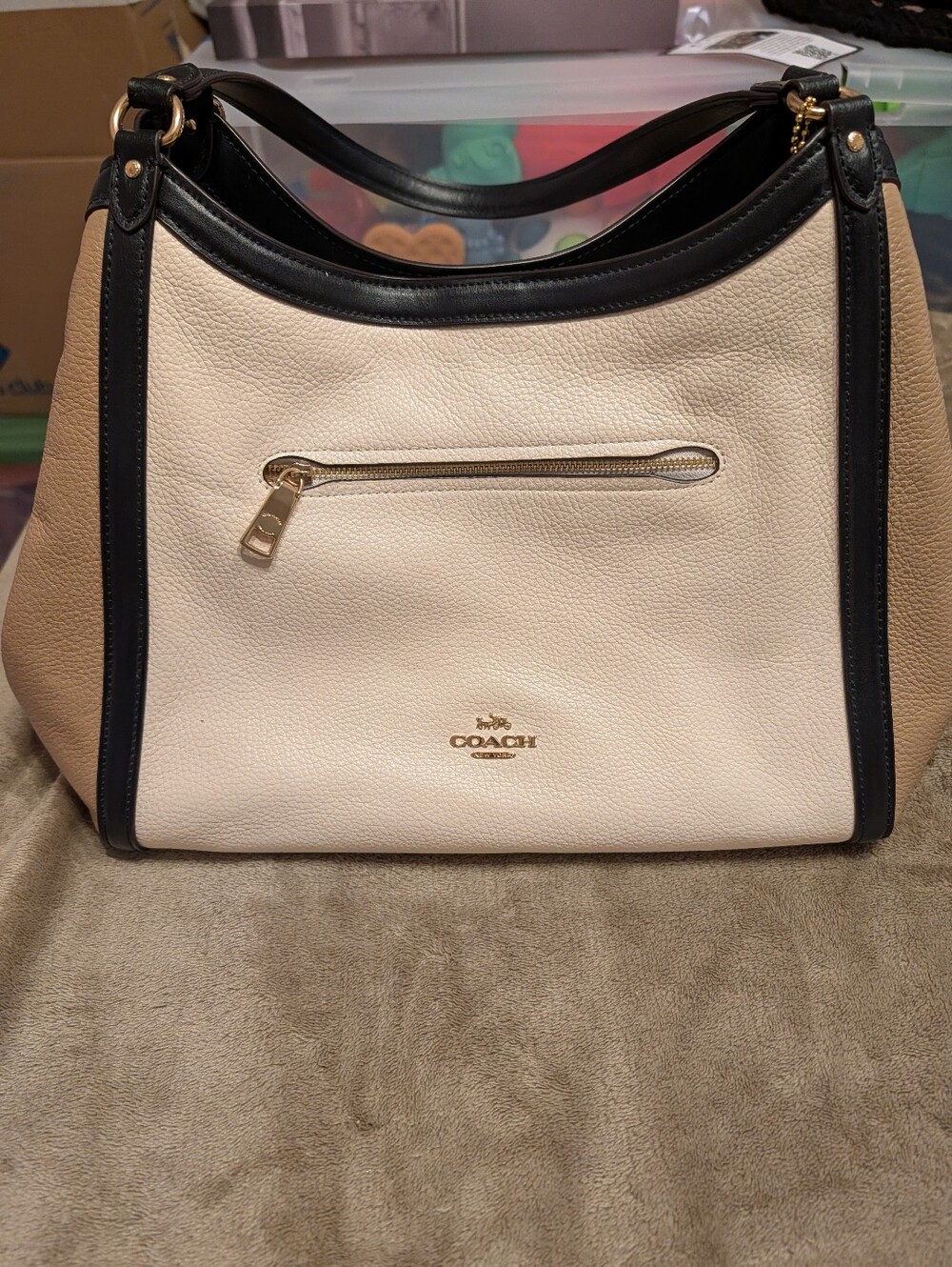 Coach Cream and Black Pebbled Leather Shoulder Bag